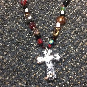 hand fired glass cross w/hints of rose gold color